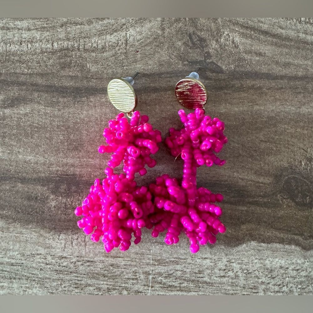 Sugarfix by BaubleBar Seed Bead Pom Pom Tassel Earrings Hot Barbie Pink